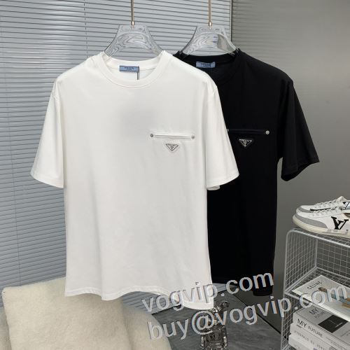 活用できるアイテム 半袖Tシャツ 2色可選 プラダ PRADAブランド 偽物 通販 2024超激得新作登場 縦には伸びにくい