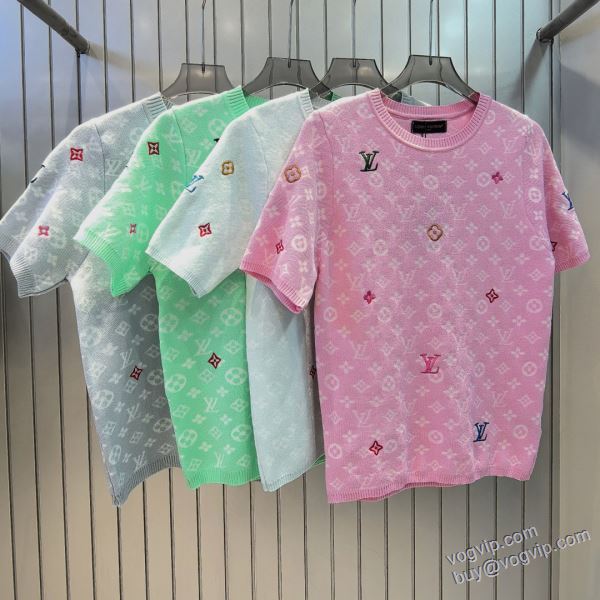 大人気再登場 LOUIS VUITTONブランド 偽物 通販 NZLVNXZ091 2025爆買い定番人気 ルイ ヴィトン ニット 半袖Tシャツ 7色可選